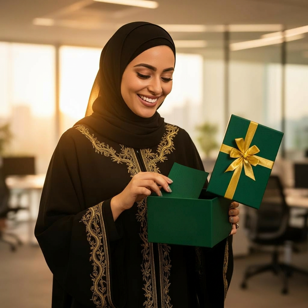 موظفة سعودية بالعباءة تفتح هدية يومك بسعادة